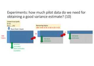Experiments: how much pilot data do we need for 
obtaining a good variance estimate? (10)
100
topics
Runs from 1 team
Variance 
estimates
(best estimates
available)
50
25
Variance 
estimates
Variance 
estimates
Removing topics
100 → 90 → 75 → 50 → 25 → 10
Leave‐k‐out qrels
k=15
(k=1,...,15)
 