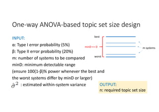 One‐way ANOVA‐based topic set size design
INPUT:
α: Type I error probability (5%)
β: Type II error probability (20%)
m: number of systems to be compared 
minD: minimum detectable range
(ensure 100(1‐β)% power whenever the best and
the worst systems differ by minD or larger)
: estimated within‐system variance OUTPUT:
n: required topic set size
m systems
best
worst
minD <= D
 