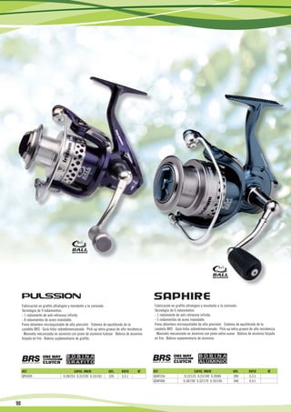 8+1




                                                                                                                                           5+1




     Fabricación en grafito ultraligero y resistente a la corrosión.                          Fabricación en grafito ultraligero y resistente a la corrosión.
     Tecnología de 9 rodamientos:                                                             Tecnología de 6 rodamientos:
     - 1 rodamiento de anti-retroceso infinito.                                               - 1 rodamiento de anti-retroceso infinito.
     - 8 rodamientos de acero inoxidable.                                                     - 5 rodamientos de acero inoxidable.
     Freno delantero microajustable de alta precisión · Sistema de equilibrado de la          Freno delantero microajustable de alta precisión · Sistema de equilibrado de la
     cazoleta BRS · Guía-hilos sobredimensionado · Pick-up extra-grueso de alta resistencia   cazoleta BRS · Guía-hilos sobredimensionado · Pick-up extra-grueso de alta resistencia
     · Manivela mecanizada en aluminio con pomo de aluminio tubular · Bobina de aluminio      · Manivela mecanizada en aluminio con pomo extra-suave · Bobina de aluminio forjada
     forjada en frío · Bobina suplementaria de grafito.                                       en frío · Bobina suplementaria de aluminio.




     REF.                                 CAPAC. MM/M             GRS.      RATIO      €      REF.                        CAPAC. MM/M                 GRS.       RATIO        €
     QPU509                       0.28/255 0.31/220 0.33/165       326      5.2:1             QSAF256              0.22/125 0.25/100 0.28/80          280        5.2:1
                                                                                              QSAF406             0.30/190 0.32/170 0.35/140          348        4.9:1




90
 