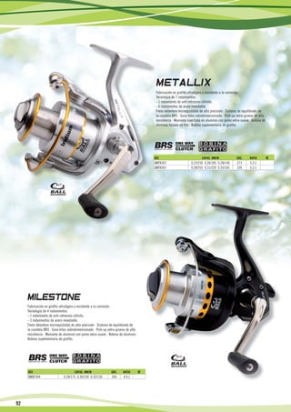 Fabricación en grafito ultraligero y resistente a la corrosión.
                                                                                           Tecnología de 7 rodamientos:
                                                                                           - 1 rodamiento de anti-retroceso infinito.
                                                                                           - 6 rodamientos de acero inoxidable.
                                                                                           Freno delantero microajustable de alta precisión · Sistema de equilibrado de
                                                                                           la cazoleta BRS · Guía-hilos sobredimensionado · Pick-up extra-grueso de alta
                                                                                           resistencia · Manivela inyectada en aluminio con pomo extra-suave · Bobina de
                                                                                           aluminio forjada en frío · Bobina suplementaria de grafito.




                                                                                          REF.                             CAPAC. MM/M             GRS.      RATIO         €
                                                                                          QMTX307                  0.23/230 0.26/185 0.28/140       273      5.2:1
                                                                                          QMTX507                  0.28/255 0.31/220 0.33/165       326      5.2:1



                         6+1




     Fabricación en grafito ultraligero y resistente a la corrosión.
     Tecnología de 4 rodamientos:
     - 1 rodamiento de anti-retroceso infinito.
     - 3 rodamientos de acero inoxidable.
     Freno delantero microajustable de alta precisión · Sistema de equilibrado de
     la cazoleta BRS · Guía-hilos sobredimensionado · Pick-up extra-grueso de alta
     resistencia · Manivela de aluminio con pomo extra-suave · Bobina de aluminio ·
     Bobina suplementaria de grafito.



                                                                                                         3+1



     REF.                             CAPAC. MM/M               GRS.    RATIO         €
     QMSF304                   0.28/175 0.30/150 0.32/130       350      4.9:1




92
 