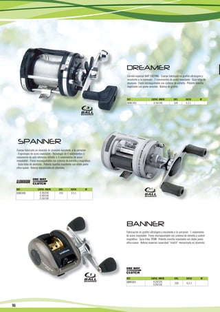 6
                                                                                   Carrete especial BAIT CASTING · Cuerpo fabricado en grafito ultraligero y
                                                                                   resistente a la corrosión · 3 rodamientos de acero inoxidable · Guía hilos de
                                                                                   aluminio · Freno microajustable con sistema de estrella · Potente manilla
                                                                                   inoxidable con pomo sensible · Bobina de grafito.



                                                                                   REF.                       CAPAC. MM/M        GRS.           RATIO     €
                                                                                   QDBC303                     0.50/140          320            5.3:1




     Cuerpo fabricado en aleación de aluminio resistente a la corrosión
     · Engranajes de acero inoxidable · Tecnología de 6 rodamientos (1
     rodamiento de anti-retroceso infinito + 5 rodamientos de acero
     inoxidable) · Freno microajustable con sistema de estrella y magnético
     · Guía-hilos de aluminio · Potente manilla inoxidable con doble pomo
     ultra-suave · Bobina mecanizada en aluminio.




     REF.                CAPAC. MM/M         GRS.       RATIO          €                                5+1
     QSBC606               0.30/240          370        5.5:1
                           0.40/140
                           0.50/100




                                                                                   Fabricación en grafito ultraligero y resistente a la corrosión · 1 rodamiento
                                                                                   de acero inoxidable · Freno microajustable con sistema de estrella y control
                                                                                   magnético · Guía-hilos TITAN · Potente manilla inoxidable con doble pomo
                                                                                   ultra-suave · Bobina especial capacidad “match” mecanizada en aluminio.




                                                                                   REF.                    CAPAC. MM/M            GRS.          RATIO      €
                                                                                   QBBC601                     0.24/220           230           6.2:1
                                                                                                               0.29/150




96

16                                15                              14          13                         12                                11                      10
 