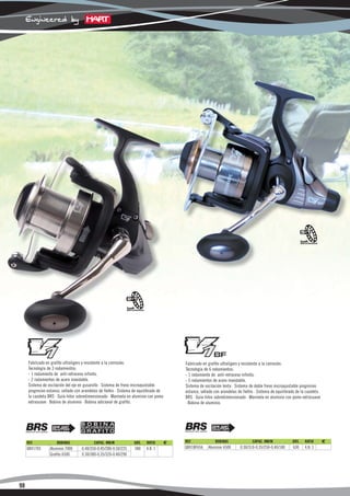 Fabricado en grafito ultraligero y resistente a la corrosión.                          Fabricado en grafito ultraligero y resistente a la corrosión.
      Tecnología de 3 rodamientos:                                                           Tecnología de 6 rodamientos:
      - 1 rodamiento de anti-retroceso infinito.                                             - 1 rodamiento de anti-retroceso infinito.
      - 2 rodamientos de acero inoxidable.                                                   - 5 rodamientos de acero inoxidable.
      Sistema de oscilación del eje en gusanillo · Sistema de freno microajustable           Sistema de oscilación lenta · Sistema de doble freno microajustable progresivo
      progresivo estanco, sellado con arandelas de fieltro · Sistema de equilibrado de       estanco, sellado con arandelas de fieltro · Sistema de equilibrado de la cazoleta
      la cazoleta BRS · Guía-hilos sobredimensionado · Manivela en aluminio con pomo         BRS · Guía-hilos sobredimensionado · Manivela en aluminio con pomo extrasuave
      extrasuave · Bobina de aluminio · Bobina adicional de grafito.                         · Bobina de aluminio.




     REF.             BOBINAS                CAPAC. MM/M            GRS.    RATIO        €   REF.             BOBINAS                CAPAC. MM/M             GRS.   RATIO        €
     QXV1703      Aluminio 7000      0.40/350-0.45/280-0.50/225      580    4.8: 1           QXV1BF656    Aluminio 6500      0.30/310-0.35/250-0.40/180      630    4.8: 1
                  Grafito 6500       0.30/380-0.35/320-0.40/290




98

     29                             28                              27                         26                              25                              24                    23
 