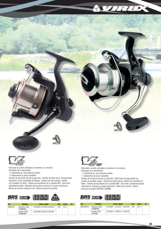 Fabricado en grafito ultraligero y resistente a la corrosión.                         Fabricado en grafito ultraligero y resistente a la corrosión.
Tecnología de 5 rodamientos:                                                          Tecnología de 6 rodamientos:
- 1 rodamiento de anti-retroceso infinito.                                            - 1 rodamiento de anti-retroceso infinito.
- 4 rodamientos de acero inoxidable.                                                  - 5 rodamientos de acero inoxidable.
Sistema de oscilación del eje en gusanillo · Sistema de doble freno: microajustable   Sistema de oscilación del eje en gusanillo · Doble freno microajustable con
progresivo y freno ultrarápido de bloqueo · Sistema de freno estanco, sellado         sistema de pulsador rápido · Sistema de freno estanco, sellado con arandelas de
con arandelas de fieltro · Sistema de equilibrado de la cazoleta BRS · Guía-hilos     fieltro · Sistema de equilibrado de la cazoleta BRS · Guía-hilos sobredimensionado
sobredimensionado · Manivela mecanizada en aluminio con pomo extrasuave ·             · Manivela en aluminio con pomo extrasuave · Bobina de aluminio · Bobina
Bobina de aluminio forjada en frío · Bobina adicional de grafito.                     adicional de grafito ESPECIAL CASTING.




REF.             BOBINAS               CAPAC. MM/M             GRS.    RATIO     €    REF.              BOBINAS                CAPAC. MM/M              GRS.   RATIO       €
QXV2655      Aluminio 6500      0.30/380-0.35/320-0.40/290      596    4.8: 1         QXV3BF656    Aluminio 6500       0.30/380 - 0.35/320 - 0.40/290   605    4.8: 1
             STANDARD                                                                              STANDARD
             Grafito 6500       0.30/380-0.35/320-0.40/290                                         Grafito 6500        0.25/260 - 0.28/210 - 0.30/150
             STANDARD                                                                              CASTING




                                                                                                                                                                               99
 