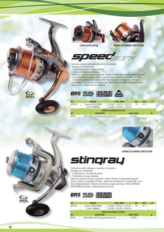 FRENO ULTRA RAPIDO                          BOBINA DE ALUMINIO SURFCASTING




                                 Fabricado en grafito ultraligero y resistente a la corrosión.
                                 Tecnología de 5 rodamientos:
                                 - 1 rodamiento de anti-retroceso infinito.
                                 - 4 rodamientos de acero inoxidable.
                                 Sistema de oscilación del eje en gusanillo · Sistema de doble freno: microajustable progresivo
                                 y freno ultrarápido de bloqueo · Sistema de freno estanco, sellado con arandelas de fieltro
                                 · Sistema de equilibrado de la cazoleta BRS · Guía-hilos sobredimensionado · Manivela
                                 mecanizada en aluminio con pomo extrasuave · Bobina ESPECIAL SURFCASTING de aluminio
                                 forjada en frío · Bobina adicional de grafito.


                4+1



                                REF.                       BOBINAS                      CAPAC. MM/M                GRS.        RATIO    €
                                QSSF655           Aluminio SURFCASTING          0.25/260 - 0.28/210 - 0.30/150     575         4.8: 1
                                                     Grafito STANDARD           0.30/380 - 0.35/320 - 0.40/290
                                                                        BOBINAS ADICIONALES DE NYLON
                                REF.                            DESCRIPCIÓN                                CAPAC. MM/M                  €
                                QBS55            Bobina Nylon Surf Casting para tamaños 55                   0.20/200




                                                                                                  BOBINA DE ALUMINIO SURFCASTING




                                Fabricado en grafito ultraligero y resistente a la corrosión.
                                Tecnología de 3 rodamientos:
                                - 1 rodamiento de anti-retroceso infinito.
                                - 2 rodamientos de acero inoxidable.
                                Sistema de oscilación del eje en gusanillo · Sistema de freno microajustable progresivo
                                estanco, sellado con arandelas de fieltro · Sistema de equilibrado de la cazoleta BRS · Guía-
                                hilos sobredimensionado · Manivela en aluminio con pomo extrasuave · Bobina ESPECIAL
                                SURFCASTING de aluminio · Bobina adicional de grafito.



          2+1


                                REF.                       BOBINAS                      CAPAC. MM/M                GRS.        RATIO    €
                                QSTG653           Aluminio SURFCASTING          0.25/260 - 0.28/210 - 0.30/150     585         4.8: 1
                                                     Grafito STANDARD           0.30/380 - 0.35/320 - 0.40/290
                                                                        BOBINAS ADICIONALES DE NYLON
                                REF.                            DESCRIPCIÓN                                CAPAC. MM/M                  €
                                QBS55           Bobina Nylon Surf Casting para tamaños 55                    0.20/200



82

     29               28   27                         26                               25                                 24                23
 