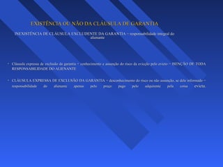 EXISTÊNCIA OU NÃO DA CLÁUSULA DE GARANTIAEXISTÊNCIA OU NÃO DA CLÁUSULA DE GARANTIA
INEXISTÊNCIA DE CLÁUSULA EXCLUDENTE DA GARANTIA = responsabilidade integral doINEXISTÊNCIA DE CLÁUSULA EXCLUDENTE DA GARANTIA = responsabilidade integral do
alienantealienante
• Cláusula expressa de exclusão da garantia + conhecimento e assunção do risco da evicção pelo evicto = ISENÇÃO DE TODACláusula expressa de exclusão da garantia + conhecimento e assunção do risco da evicção pelo evicto = ISENÇÃO DE TODA
RESPONSABILIDADE DO ALIENANTERESPONSABILIDADE DO ALIENANTE
• CLÁUSULA EXPRESSA DE EXCLUSÃO DA GARANTIA + desconhecimento do risco ou não assunção, se dele informado =CLÁUSULA EXPRESSA DE EXCLUSÃO DA GARANTIA + desconhecimento do risco ou não assunção, se dele informado =
responsabilidade do alienante apenas pelo preço pago pelo adquirente pela coisaresponsabilidade do alienante apenas pelo preço pago pelo adquirente pela coisa evicta.evicta.
 