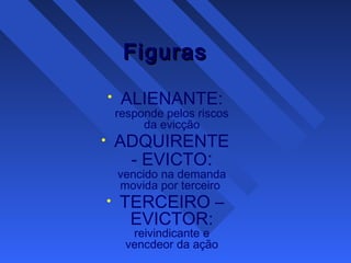 FigurasFiguras
• ALIENANTE:
responde pelos riscos
da evicção
• ADQUIRENTE
- EVICTO:
vencido na demanda
movida por terceiro
• TERCEIRO –
EVICTOR:
reivindicante e
vencdeor da ação
 