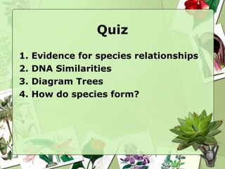 Quiz 1. Evidence for species relationships 2. DNA Similarities 3. Diagram Trees 4. How do species form? 