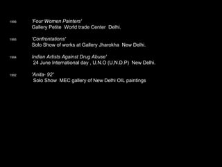1996   'Four Women Painters'       Gallery Petite  World trade Center  Delhi.    1995   'Confrontations'      Solo Show of works at Gallery Jharokha  New Delhi.      1994   Indian Artists Against Drug Abuse'       24 June International day , U.N.O (U.N.D.P)  New Delhi.      1992   'Anita- 92'        Solo Show  MEC gallery of New Delhi OIL paintings 