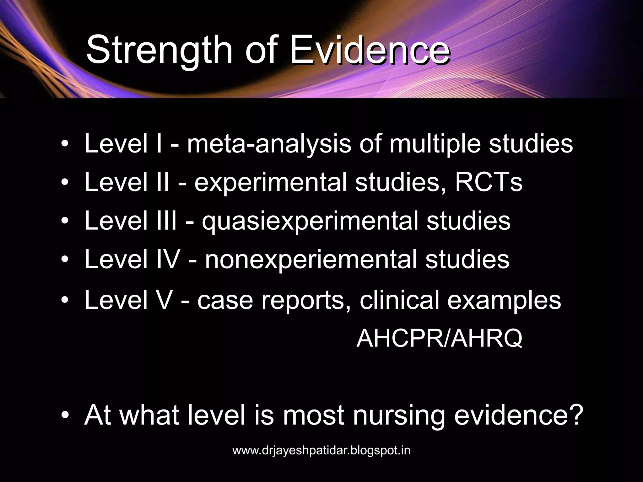Strength of Evidence
• Level I - meta-analysis of multiple studies
• Level II - experimental studies, RCTs
• Level III - quasiexperimental studies
• Level IV - nonexperiemental studies
• Level V - case reports, clinical examples
AHCPR/AHRQ
• At what level is most nursing evidence?
www.drjayeshpatidar.blogspot.in
 