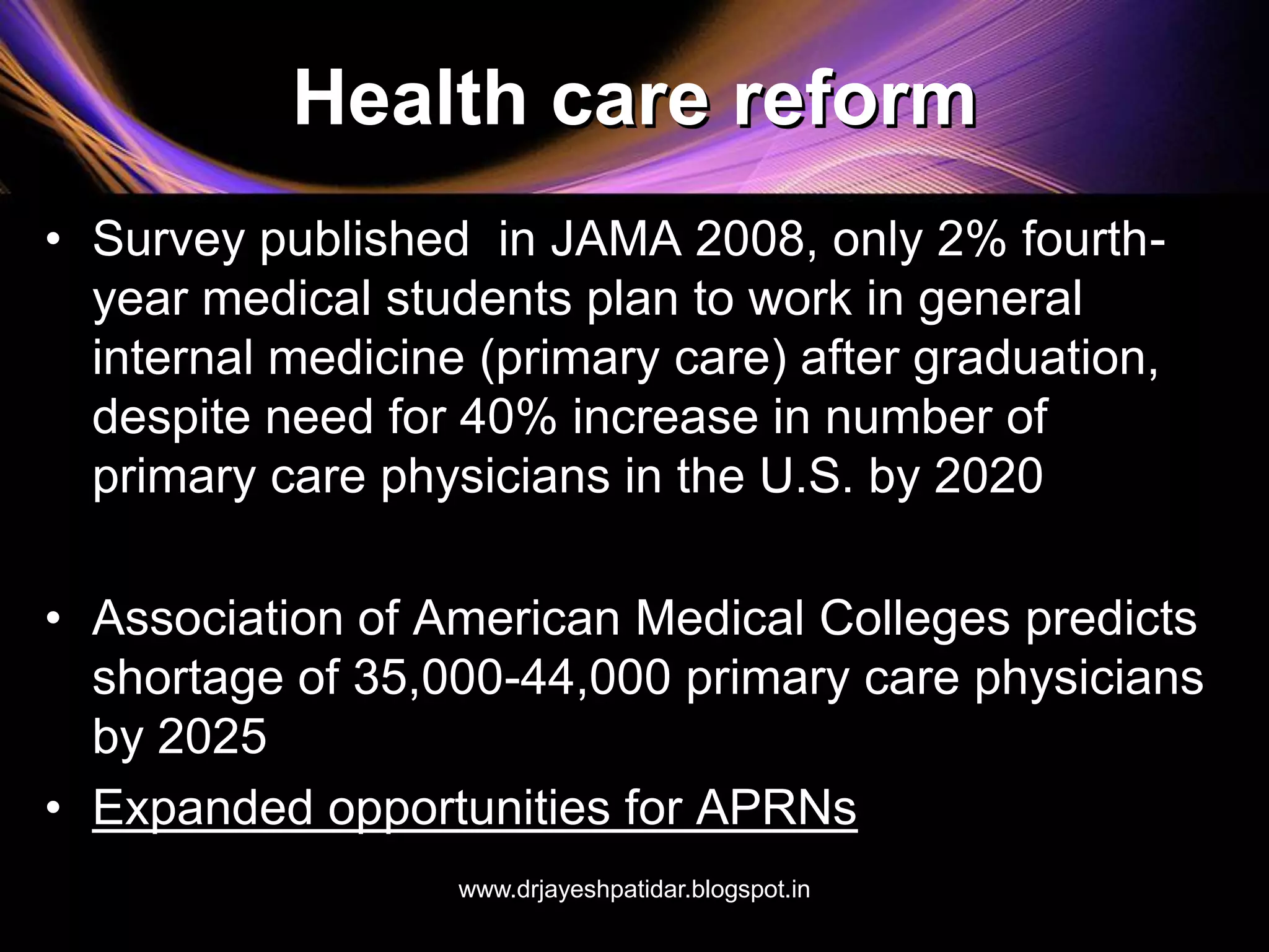Health care reform
• Survey published in JAMA 2008, only 2% fourth-
year medical students plan to work in general
internal medicine (primary care) after graduation,
despite need for 40% increase in number of
primary care physicians in the U.S. by 2020
• Association of American Medical Colleges predicts
shortage of 35,000-44,000 primary care physicians
by 2025
• Expanded opportunities for APRNs
www.drjayeshpatidar.blogspot.in
 