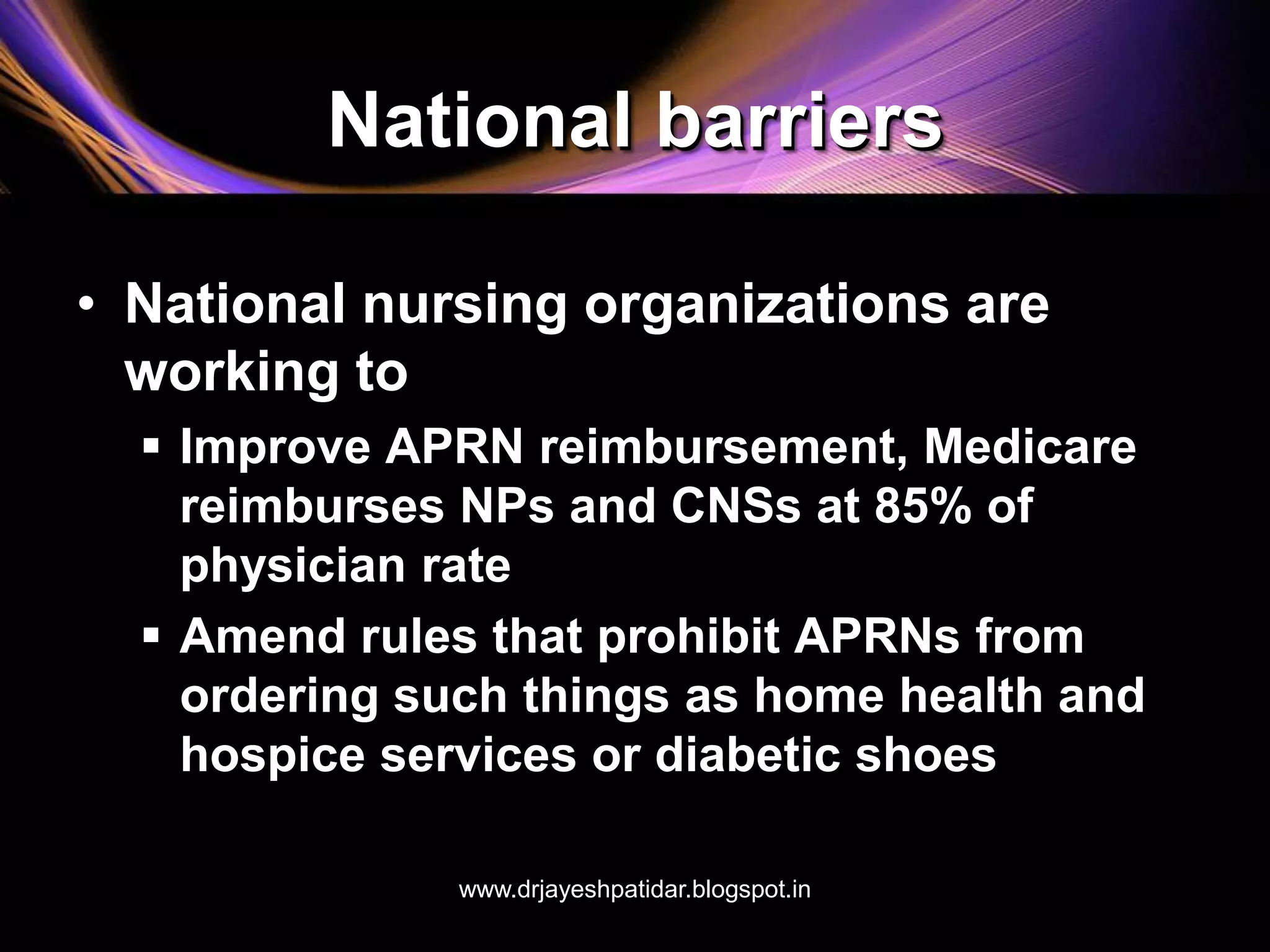 National barriers
• National nursing organizations are
working to
 Improve APRN reimbursement, Medicare
reimburses NPs and CNSs at 85% of
physician rate
 Amend rules that prohibit APRNs from
ordering such things as home health and
hospice services or diabetic shoes
www.drjayeshpatidar.blogspot.in
 