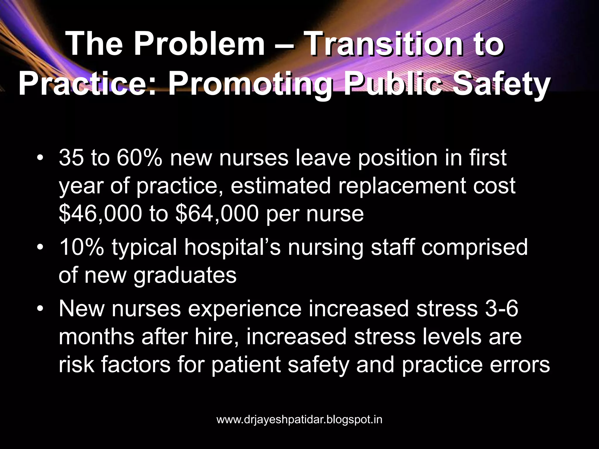 The Problem – Transition to
Practice: Promoting Public Safety
• 35 to 60% new nurses leave position in first
year of practice, estimated replacement cost
$46,000 to $64,000 per nurse
• 10% typical hospital’s nursing staff comprised
of new graduates
• New nurses experience increased stress 3-6
months after hire, increased stress levels are
risk factors for patient safety and practice errors
www.drjayeshpatidar.blogspot.in
 