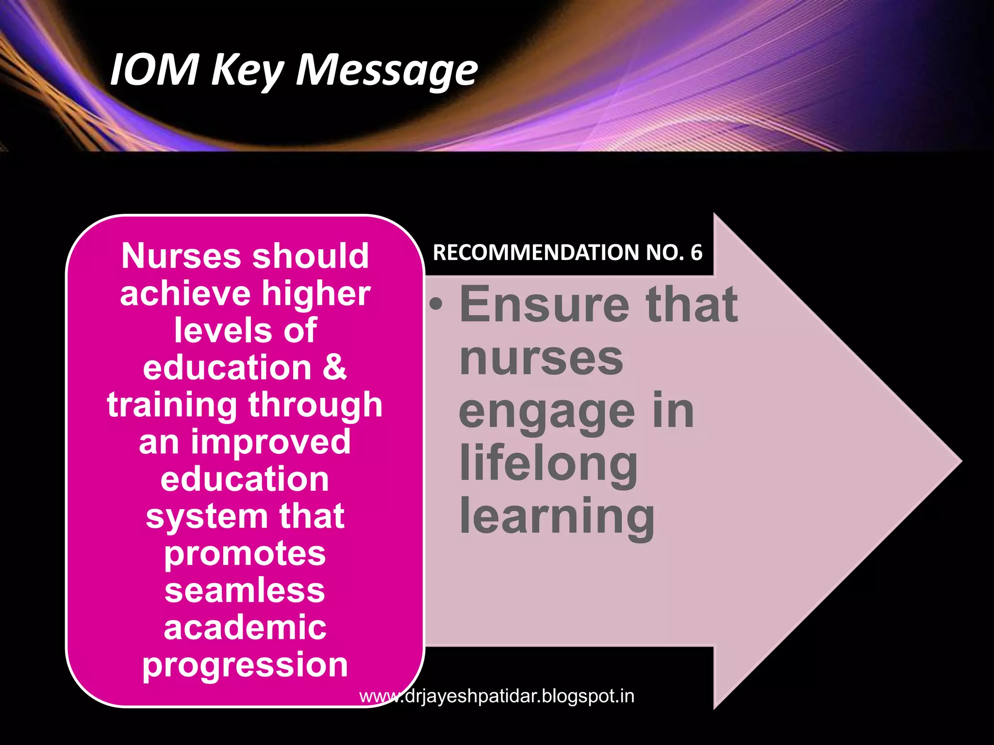 • Ensure that
nurses
engage in
lifelong
learning
Nurses should
achieve higher
levels of
education &
training through
an improved
education
system that
promotes
seamless
academic
progression
IOM Key Message
RECOMMENDATION NO. 6
www.drjayeshpatidar.blogspot.in
 
