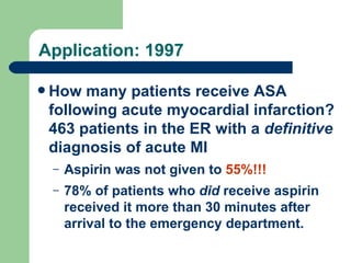 Application: 1997 How many patients receive ASA following acute myocardial infarction? 463 patients in the ER with a  definitive  diagnosis of acute MI Aspirin was not given to  55%!!! 78% of patients who  did  receive aspirin received it more than 30 minutes after arrival to the emergency department. Annals of Intern Medicine. Jul 1997;127(2):126 