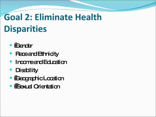 Goal 2: Eliminate Health Disparities <ul><li>  Gender </li></ul><ul><li>Race and Ethnicity </li></ul><ul><li>Income and Ed...