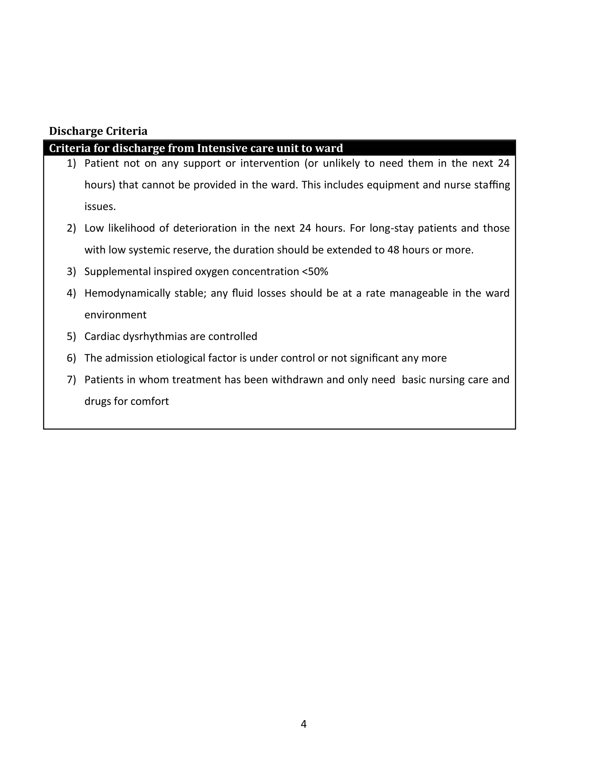 4
Discharge Criteria
Criteria for discharge from Intensive care unit to ward
1) Patient not on any support or intervention (or unlikely to need them in the next 24
hours) that cannot be provided in the ward. This includes equipment and nurse staﬃng
issues.
2) Low likelihood of deterioration in the next 24 hours. For long-stay patients and those
with low systemic reserve, the duration should be extended to 48 hours or more.
3) Supplemental inspired oxygen concentration <50%
4) Hemodynamically stable; any ﬂuid losses should be at a rate manageable in the ward
environment
5) Cardiac dysrhythmias are controlled
6) The admission etiological factor is under control or not signiﬁcant any more
7) Patients in whom treatment has been withdrawn and only need basic nursing care and
drugs for comfort
 