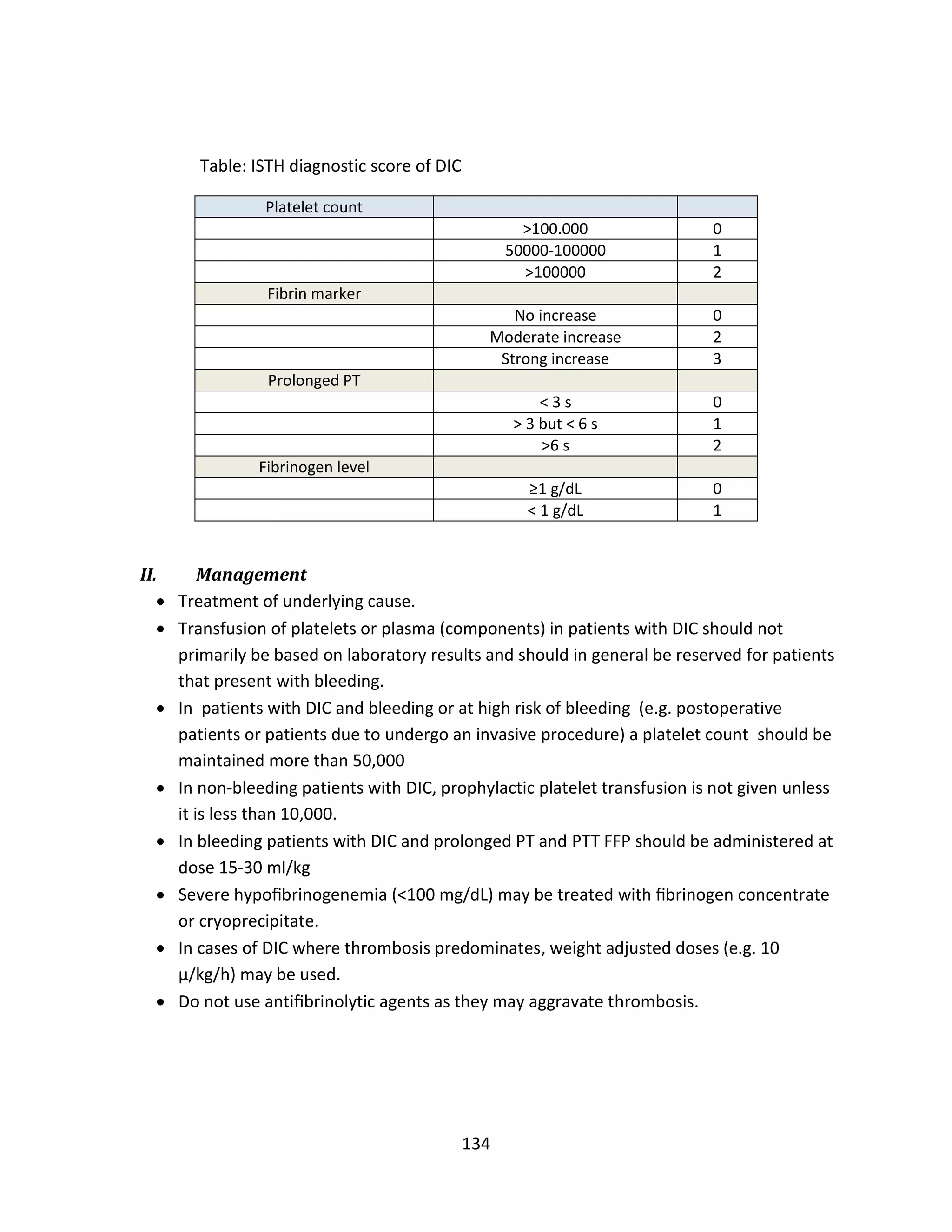 134
Table: ISTH diagnostic score of DIC
Platelet count
>100.000 0
50000-100000 1
>100000 2
Fibrin marker
No increase 0
Moderate increase 2
Strong increase 3
Prolonged PT
< 3 s 0
> 3 but < 6 s 1
>6 s 2
Fibrinogen level
≥1 g/dL 0
< 1 g/dL 1
II. Management
 Treatment of underlying cause.
 Transfusion of platelets or plasma (components) in patients with DIC should not
primarily be based on laboratory results and should in general be reserved for patients
that present with bleeding.
 In patients with DIC and bleeding or at high risk of bleeding (e.g. postoperative
patients or patients due to undergo an invasive procedure) a platelet count should be
maintained more than 50,000
 In non-bleeding patients with DIC, prophylactic platelet transfusion is not given unless
it is less than 10,000.
 In bleeding patients with DIC and prolonged PT and PTT FFP should be administered at
dose 15-30 ml/kg
 Severe hypoﬁbrinogenemia (<100 mg/dL) may be treated with ﬁbrinogen concentrate
or cryoprecipitate.
 In cases of DIC where thrombosis predominates, weight adjusted doses (e.g. 10
µ/kg/h) may be used.
 Do not use antiﬁbrinolytic agents as they may aggravate thrombosis.
 