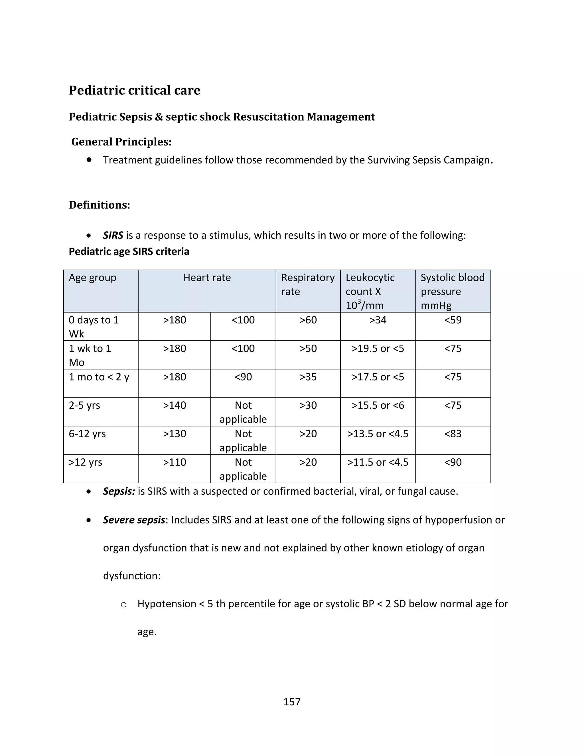 157
Pediatric critical care
Pediatric Sepsis & septic shock Resuscitation Management
General Principles:
 Treatment guidelines follow those recommended by the Surviving Sepsis Campaign.
Definitions:
 SIRS is a response to a stimulus, which results in two or more of the following:
Pediatric age SIRS criteria
Age group Heart rate Respiratory
rate
Leukocytic
count X
103
/mm
Systolic blood
pressure
mmHg
0 days to 1
Wk
>180 <100 >60 >34 <59
1 wk to 1
Mo
>180 <100 >50 >19.5 or <5 <75
1 mo to < 2 y >180 <90 >35 >17.5 or <5 <75
2-5 yrs >140 Not
applicable
>30 >15.5 or <6 <75
6-12 yrs >130 Not
applicable
>20 >13.5 or <4.5 <83
>12 yrs >110 Not
applicable
>20 >11.5 or <4.5 <90
 Sepsis: is SIRS with a suspected or confirmed bacterial, viral, or fungal cause.
 Severe sepsis: Includes SIRS and at least one of the following signs of hypoperfusion or
organ dysfunction that is new and not explained by other known etiology of organ
dysfunction:
o Hypotension < 5 th percentile for age or systolic BP < 2 SD below normal age for
age.
 