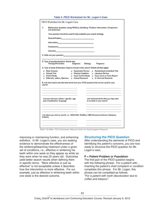 11
Crest® Oral-B
®
at dentalcare.com Continuing Education Course, Revised January 9, 2012
Structuring the PICO Question
After understanding the elements of PICO and
identifying the patient’s concerns, you are now
ready to structure the PICO question for Mr.
Logan’s case.
P = Patient Problem or Population
The first part of the PICO question begins
with the following phrase: For a patient with...
Inserting the patient’s chief complaint or condition
completes this phrase. For Mr. Logan, this
phrase can be completed as follows:
“For a patient with tooth discoloration due to
coffee and tobacco”.
improving or maintaining function, and enhancing
esthetics. In Mr. Logan’s case, you are seeking
evidence to demonstrate the effectiveness of
the whitening/bleaching treatment under a given
set of conditions, i.e., effective in whitening his
teeth within one week so they appear as white as
they were when he was 25 years old. Outcomes
yield better search results when defining them
in specific terms. “More effective or just as
effective” is not acceptable unless it describes
how the intervention is more effective. For our
example, just as effective in whitening teeth within
one week is the desired outcome.
Table 5. PICO Worksheet for Mr. Logan’s Case
©2001 SA Miller, PICO Worksheet, National Center for Dental Hygiene Research
 