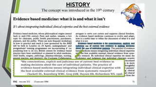 HISTORY
The concept was introduced in the 19th century
“the conscientious, explicit and judicious use of current best evidence in
making decisions about the care of individual patients. The practice of
evidence-based medicine means integrating individual clinical expertise with
the best available external clinical evidence from systematic research”
- (Sackett DL, Rosenberg WMC, Gray JAM, Haynes RB, Richardson WS. 1996.
5
 