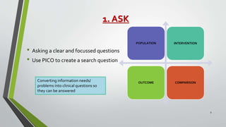 1. ASK
• Asking a clear and focussed questions
• Use PICO to create a search question
POPULATION INTERVENTION
OUTCOME COMPARISON
Converting information needs/
problems into clinical questions so
they can be answered
9
 