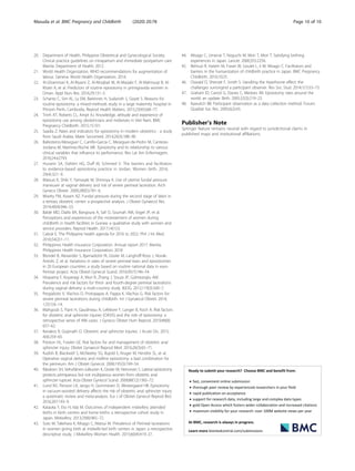 20. Department of Health, Philippine Obstetrical and Gynecological Society.
Clinical practice guidelines on intrapartum and immediate postpartum care.
Manila: Department of Health; 2012.
21. World Health Organization. WHO recommendations for augmentation of
labour. Geneva: World Health Organization; 2014.
22. Al-Ghammari K, Al-Riyami Z, Al-Moqbali M, Al-Marjabi F, Al-Mahrouqi B, Al-
Khatri A, et al. Predictors of routine episiotomy in primigravida women in
Oman. Appl Nurs Res. 2016;29:131–5.
23. Schantz C, Sim KL, Ly EM, Barennes H, Sudaroth S, Goyet S. Reasons for
routine episiotomy: a mixed-methods study in a large maternity hospital in
Phnom Penh, Cambodia. Reprod Health Matters. 2015;23(45):68–77.
24. Trinh AT, Roberts CL, Ampt AJ. Knowledge, attitude and experience of
episiotomy use among obstetricians and midwives in Viet Nam. BMC
Pregnancy Childbirth. 2015;15:101.
25. Saadia Z. Rates and indicators for episiotomy in modern obstetrics - a study
from Saudi Arabia. Mater Sociomed. 2014;26(3):188–90.
26. Ballesteros-Meseguer C, Carrillo-Garcia C, Meseguer-de-Pedro M, Canteras-
Jordana M, Martinez-Roche ME. Episiotomy and its relationship to various
clinical variables that influence its performance. Rev Lat Am Enfermagem.
2016;24:e2793.
27. Hussein SA, Dahlen HG, Duff M, Schmied V. The barriers and facilitators
to evidence-based episiotomy practice in Jordan. Women birth. 2016;
29(4):321–9.
28. Matsuo K, Shiki Y, Yamasaki M, Shimoya K. Use of uterine fundal pressure
maneuver at vaginal delivery and risk of severe perineal laceration. Arch
Gyneco Obstet. 2009;280(5):781–6.
29. Moiety FM, Azzam AZ. Fundal pressure during the second stage of labor in
a tertiary obstetric center: a prospective analysis. J Obstet Gynaecol Res.
2014;40(4):946–53.
30. Balde MD, Diallo BA, Bangoura A, Sall O, Soumah AM, Vogel JP, et al.
Perceptions and experiences of the mistreatment of women during
childbirth in health facilities in Guinea: a qualitative study with women and
service providers. Reprod Health. 2017;14(1):3.
31. Cabral E. The Philippine health agenda for 2016 to 2022. Phil J Int Med.
2016;54(2):1–11.
32. Philippines Health Insurance Corporation. Annual report 2017. Manila:
Philippines Health Insurance Corporation; 2018.
33. Blondel B, Alexander S, Bjarnadottir RI, Gissler M, Langhoff-Roos J, Novak-
Antolic Z, et al. Variations in rates of severe perineal tears and episiotomies
in 20 European countries: a study based on routine national data in euro-
Peristat project. Acta Obstet Gynecol Scand. 2016;95(7):746–54.
34. Hirayama F, Koyanagi A, Mori R, Zhang J, Souza JP, Gülmezoglu AM.
Prevalence and risk factors for third- and fourth-degree perineal lacerations
during vaginal delivery: a multi-country study. BJOG. 2012;119(3):340–7.
35. Pergialiotis V, Vlachos D, Protopapas A, Pappa K, Vlachos G. Risk factors for
severe perineal lacerations during childbirth. Int J Gynaecol Obstet. 2014;
125(1):6–14.
36. Mahgoub S, Piant H, Gaudineau A, Lefebvre F, Langer B, Koch A. Risk factors
for obstetric anal sphincter injuries (OASIS) and the role of episiotomy: a
retrospective series of 496 cases. J Gyneco Obstet Hum Reprod. 2019;48(8):
657–62.
37. Keriakos R, Gopinath D. Obstetric anal sphincter injuries. J Acute Dis. 2015;
4(4):259–65.
38. Preston HL, Fowler GE. Risk factors for and management of obstetric anal
sphincter injury. Obstet Gynaecol Reprod Med. 2016;26(3):65–71.
39. Kudish B, Blackwell S, McNeeley SG, Bujold E, Kruger M, Hendrix SL, et al.
Operative vaginal delivery and midline episiotomy: a bad combination for
the perineum. Am J Obstet Gynecol. 2006;195(3):749–54.
40. Räisänen SH, Vehviläinen-Julkunen K, Gissler M, Heinonen S. Lateral episiotomy
protects primiparous but not multiparous women from obstetric anal
sphincter rupture. Acta Obstet Gynecol Scand. 2009;88(12):1365–72.
41. Lund NS, Persson LK, Jango H, Gommesen D, Westergaard HB. Episiotomy
in vacuum-assisted delivery affects the risk of obstetric anal sphincter injury:
a systematic review and meta-analysis. Eur J of Obstet Gynecol Reprod Biol.
2016;207:193–9.
42. Kataoka Y, Eto H, Iida M. Outcomes of independent midwifery attended
births in birth centres and home births: a retrospective cohort study in
Japan. Midwifery. 2013;29(8):965–72.
43. Suto M, Takehara K, Misago C, Matsui M. Prevalence of Perineal lacerations
in women giving birth at midwife-led birth centers in Japan: a retrospective
descriptive study. J Midwifery Women Health. 2015;60(4):419–27.
44. Misago C, Umenai T, Noguchi M, Mori T, Mori T. Satisfying birthing
experiences in Japan. Lancet. 2000;355:2256.
45. Behruzi R, Hatem M, Fraser W, Goulet L, Ii M, Misago C. Facilitators and
barriers in the humanization of childbirth practice in Japan. BMC Pregnancy
Childbirth. 2010;10:25.
46. Oswald D, Sherratt F, Smith S. Handling the Hawthorne effect: the
challanges surrongind a participant observer. Rev Soc Stud. 2014;1(1):53–73.
47. Graham ID, Carroli G, Davies C, Medves JM. Episiotomy rates around the
world: an update. Birth. 2005;32(3):219–23.
48. Kawulich BB. Participant observation as a data collection method. Forum:
Qualitat Soc Res. 2005;6(2):43.
Publisher’s Note
Springer Nature remains neutral with regard to jurisdictional claims in
published maps and institutional affiliations.
Masuda et al. BMC Pregnancy and Childbirth (2020) 20:78 Page 10 of 10
 