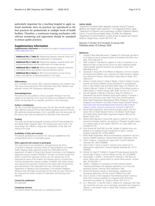 particularly important for a teaching hospital to apply na-
tional standards, since its practices are reproduced as the
best practices for professionals at multiple levels of health
facilities. Therefore, a continuous training mechanism with
relevant monitoring and supervision should be mandated
to ensure quality practices.
Supplementary information
Supplementary information accompanies this paper at https://doi.org/10.
1186/s12884-020-2778-5.
Additional file 1: Table S1. Relationship between maternal, foetal, and
environmental factors and the performance of episiotomy.
Additional file 2: Table S2. Relationship between maternal, foetal, and
environmental factors and the performance of fundal pressure.
Additional file 3: Table S3. Relationship between maternal, foetal and
care-related factors and obstetric anal and sphincter injuries.
Additional file 4: Annex 1. WHO recommendations of care during
labour and selection of observed practices in this study.
Abbreviations
CCT: Controlled cord traction; EINC: Essential intrapartum and newborn care;
FGD: Focus Group Discussion; FHR: Foetal heart rate; OASIS: Obstetric anal
sphincter injuries; PPH: Post-partum haemorrhage
Acknowledgements
The authors are very grateful to Doctor Jacqueline Kitong for her kind
support in the planning of this study. The authors are indebted to Professor
Vincent De Brouwere for his valuable comments on the manuscript.
Authors’ contributions
CM, KM, CS and MM designed the study; CM, SKF, KM, and MM created the
data collection protocol; CM and KM analysed qualitative data and CM and
MM performed statistical analysis. CM, CS, and MM wrote the manuscript. All
the authors have read and approved the final draft of the manuscript.
Funding
This study was funded by Nagasaki University School of Tropical Medicine
and Global Health, Nagasaki, Japan. The funding body had no role in the
study design, the collection, analysis and interpretation of the data, and
writing of this work.
Availability of data and materials
The datasets generated and used for this study are available from the
corresponding author on reasonable request.
Ethics approval and consent to participate
This study protocol was submitted to and approved by the ethics
committee in Nagasaki University School of Tropical Medicine and Global
Health, Nagasaki, Japan (approval number NU_TMGH-048) and the
Department of Health XI Cluster Ethics Review Committee in the Philippines
(approved protocol number P18032601). The latter committee advised that
written consent from parturient mothers was not required due to the
observational nature of the research and because signing a consent form
could be disturbing for a woman in labour. Therefore, only verbal consent
was obtained from parturient mothers for this study under the permission
and endorsement of the observation from the committee and the
Department of Obstetrics and Gynaecology in the Southern Philippine
Medical Centre. All health care providers at the study site were informed of
this study and the written consent for observation and interview were
obtained.
Consent for publication
Not applicable
Competing interests
The authors declare that they have no competing interests.
Author details
1
Department of Global Health, Nagasaki University School of Tropical
Medicine and Global Health, Sakamoto 1-12-4, Nagasaki 852-8523, Japan.
2
Department of Obstetrics and Gynaecology, Southern Philippines Medical
Centre, JP Laurel Avenue, Bajada, Davao City 8000, The Philippines.
3
Department of Clinical Research, London School of Hygiene and Tropical
Medicine, Keppel Street, London WC1E7HT, UK.
Received: 13 October 2019 Accepted: 29 January 2020
References
1. Tunçalp Ö, Were WM, MacLennan C, Oladapo OT, Gülmezoglu AM, Bahl R,
et al. Quality of care for pregnant women and newborns-the WHO vision.
BJOG. 2015;122(8):1045–9.
2. Miller S, Abalos E, Chamillard M, Ciapponi A, Colaci D, Comande D, et al.
Beyond too little, too late and too much, too soon: a pathway towards
evidence-based, respectful maternity care worldwide. Lancet. 2016;
388(10056):2176–92.
3. Duysburgh E, Zhang WH, Ye M, Williams A, Massawe S, Sie A, et al. Quality
of antenatal and childbirth care in selected rural health facilities in Burkina
Faso, Ghana and Tanzania: similar finding. Tropical Med Int Health. 2013;
18(5):534–47.
4. Sharma G, Powell-Jackson T, Haldar K, Bradley J, Filippi V. Quality of routine
essential care during childbirth: clinical observations of uncomplicated
births in Uttar Pradesh, India. Bull World Health Organ. 2017;95(6):419–29.
5. Fisseha G, Berhane Y, Worku A, Terefe W. Quality of the delivery services in
health facilities in northern Ethiopia. BMC Health Serv Res. 2017;17(1):187.
6. Kruk ME, Kujawski S, Mbaruku G, Ramsey K, Moyo W, Freedman LP.
Disrespectful and abusive treatment during facility delivery in Tanzania: a
facility and community survey. Health Policy Plan. 2018;33(1):e26-e33.
7. World Health Organization Representative Office Philippines. Essential
Intrapartum and Newborn Care (EINC) Evidence-based Standard Practices.
http://origin.wpro.who.int/philippines/areas/maternal_child_nutrition/
newborn_mother_care/einc_protocols/en/. Accessed 14 April 2018.
8. World Health Organization. Second biennial progress report: 2016-2017
(Action Plan for Health Newborn Infants in the Western Pacific Region:
2014-2020). Manila: World Health Organization Regional Office for the
Western Pacific; 2018.
9. Silvestre MAA, Mannava P, Corsino MA, Capili DS, Calibo AP, Tan CF, et al.
Improving immediate newborn care practices in Philippine hospitals: impact
of a national quality of care initiative 2008-2015. Int J Qual Health Care.
2018;30(7):537–44.
10. Anim-Somuah M, Smyth RM, Cyna AM, Cuthbert A. Epidural versus non-
epidural or no analgesia for pain management in labour. Cochrane
Database Systematic Rev. 2018;5:CD000331.
11. World Health Organization. WHO recommendations: intrapartum care for a
positive childbirth experience. Geneva: World Health Organization; 2018.
12. Carroli G, Mignini L. Episiotomy for vaginal birth. Cochrane Database
Systematic Rev. 2009;1:CD000081.
13. Jiang H, Qian X, Carroli G, Garner P. Selective versus routine use of
episiotomy for vaginal birth. Cochrane Database Systematic Rev. 2017;2:
CD000081.
14. Hofmeyr GJ, Vogel JP, Cuthbert A, Singata M. Fundal pressure during the
second stage of labour. Cochrane Satabase Syst Rev. 2017;3:CD006067.
15. Sturzenegger K, Schaffer L, Zimmermann R, Haslinger C. Risk factors of
uterine rupture with a special interest to uterine fundal pressure. J Perinat
Med. 2017;45(3):309–13.
16. Teddlie C, Tashakkori A. Foundations of mixed methods research :
integrating quantitative and qualitative approaches in the social and
behavioral sciences. California: SAGE Publications; 2009.
17. Bernard HR. Research methods in anthropology : qualitative and
quantitative approaches. (4th ed). Lanham: AltaMira Press; 2006.
18. Lewis D, Downe S, FIGO Intrapartum Fetal Monitoring Expert Consensus
Panel. FIGO consensus guidelines on intrapartum fetal monitoring:
Intermittent auscultation. Int J Gynaecol Obstet. 2015;131:9–12.
19. Kc A, Wrammert J, Clark RB, Ewald U, Malqvist M. Inadequate fetal heart
rate monitoring and poor use of partogram associated with intrapartum
stillbirth: a case-referent study in Nepal. BMC Pregnancy Childbirth.
2016;16:233.
Masuda et al. BMC Pregnancy and Childbirth (2020) 20:78 Page 9 of 10
 