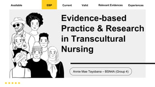 Evidence-based
Practice & Research
in Transcultural
Nursing
Annie Mae Tayobana – BSN4A (Group 4)
Available Relevant Evidences
Valid
Current
EBP Experiences
 