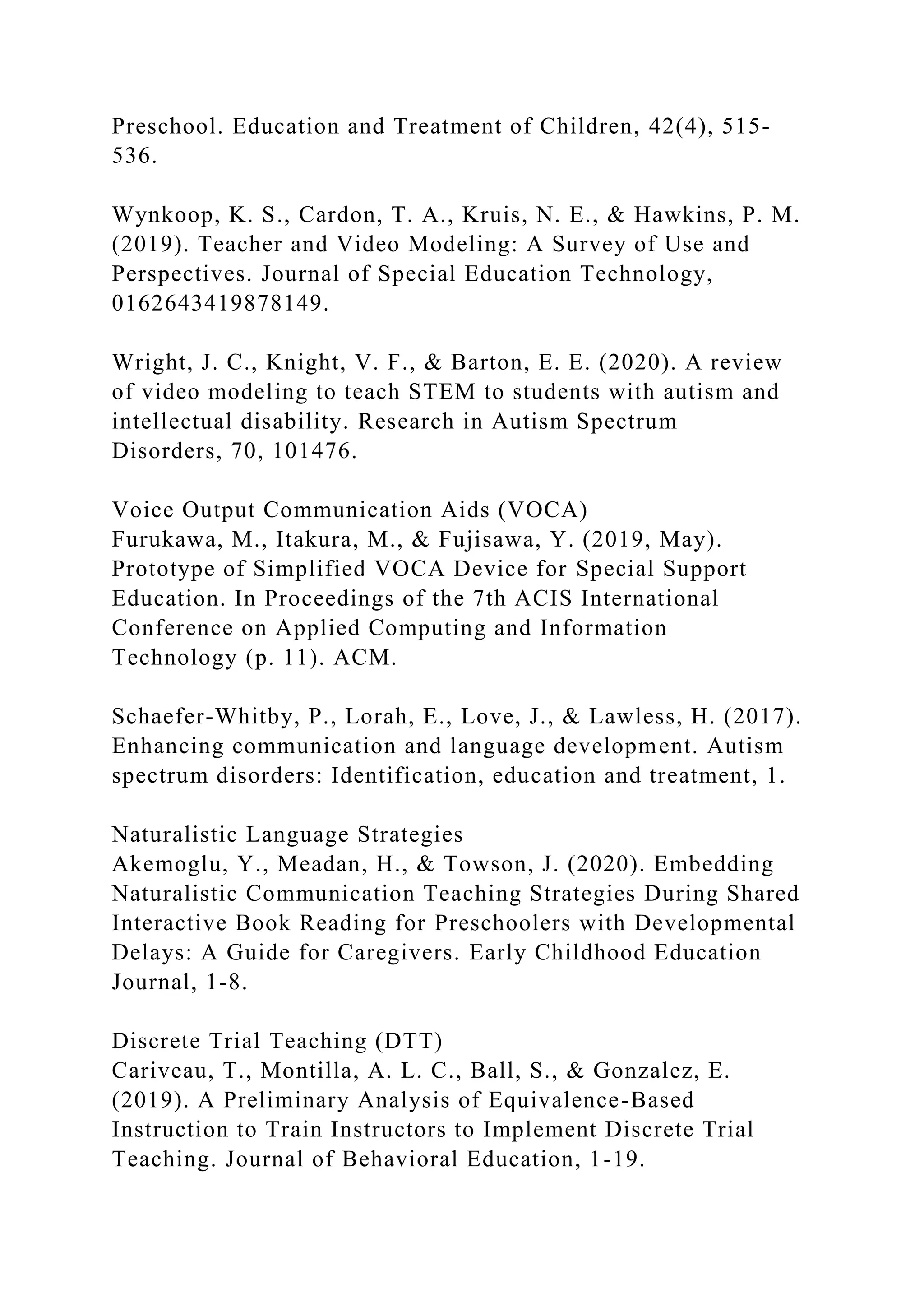 Preschool. Education and Treatment of Children, 42(4), 515-
536.
Wynkoop, K. S., Cardon, T. A., Kruis, N. E., & Hawkins, P. M.
(2019). Teacher and Video Modeling: A Survey of Use and
Perspectives. Journal of Special Education Technology,
0162643419878149.
Wright, J. C., Knight, V. F., & Barton, E. E. (2020). A review
of video modeling to teach STEM to students with autism and
intellectual disability. Research in Autism Spectrum
Disorders, 70, 101476.
Voice Output Communication Aids (VOCA)
Furukawa, M., Itakura, M., & Fujisawa, Y. (2019, May).
Prototype of Simplified VOCA Device for Special Support
Education. In Proceedings of the 7th ACIS International
Conference on Applied Computing and Information
Technology (p. 11). ACM.
Schaefer-Whitby, P., Lorah, E., Love, J., & Lawless, H. (2017).
Enhancing communication and language development. Autism
spectrum disorders: Identification, education and treatment, 1.
Naturalistic Language Strategies
Akemoglu, Y., Meadan, H., & Towson, J. (2020). Embedding
Naturalistic Communication Teaching Strategies During Shared
Interactive Book Reading for Preschoolers with Developmental
Delays: A Guide for Caregivers. Early Childhood Education
Journal, 1-8.
Discrete Trial Teaching (DTT)
Cariveau, T., Montilla, A. L. C., Ball, S., & Gonzalez, E.
(2019). A Preliminary Analysis of Equivalence-Based
Instruction to Train Instructors to Implement Discrete Trial
Teaching. Journal of Behavioral Education, 1-19.
 
