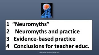 1 “Neuromyths”
2 Neuromyths and practice
3 Evidence-based practice
4 Conclusions for teacher educ.
Carol Lethaby and Patri...