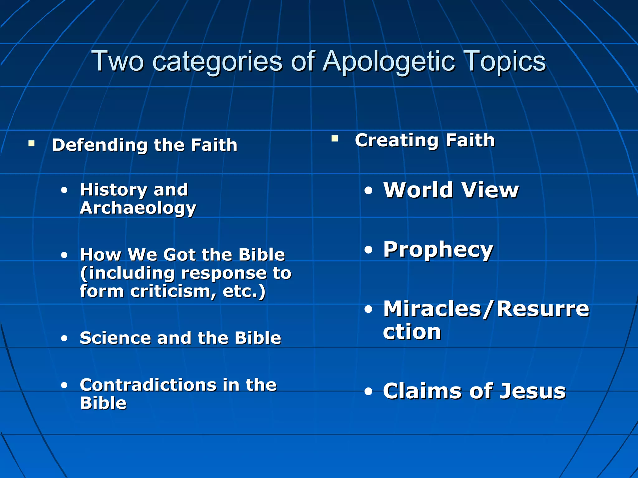 Two categories of Apologetic TopicsTwo categories of Apologetic Topics
 Defending the FaithDefending the Faith
• History andHistory and
ArchaeologyArchaeology
• How We Got the BibleHow We Got the Bible
(including response to(including response to
form criticism, etc.)form criticism, etc.)
• Science and the BibleScience and the Bible
• Contradictions in theContradictions in the
BibleBible
 Creating FaithCreating Faith
• World ViewWorld View
• ProphecyProphecy
• Miracles/ResurreMiracles/Resurre
ctionction
• Claims of JesusClaims of Jesus
 