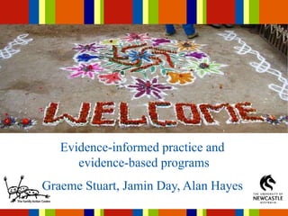 Community engagement
as a principled approach
Graeme Stuart
Evidence-informed practice and
evidence-based programs
Graeme Stuart, Jamin Day, Alan Hayes
 