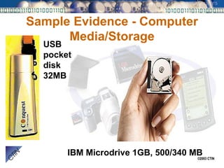 Sample Evidence - Computer Media/Storage USB pocket disk 32MB IBM Microdrive 1GB, 500/340 MB 