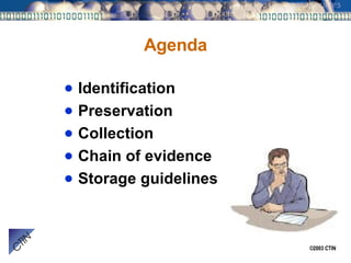Agenda Identification Preservation Collection Chain of evidence Storage guidelines 