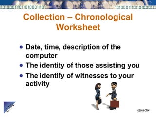 Collection – Chronological Worksheet Date, time, description of the computer The identity of those assisting you The identify of witnesses to your activity 