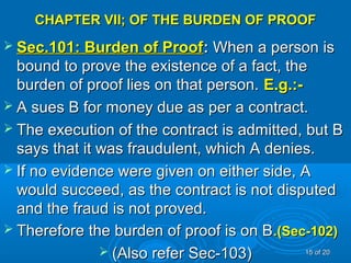 CHAPTER VII; OF THE BURDEN OF PROOFCHAPTER VII; OF THE BURDEN OF PROOF
 Sec.101: Burden of ProofSec.101: Burden of Proof:: When a person isWhen a person is
bound to prove the existence of a fact, thebound to prove the existence of a fact, the
burden of proof lies on that person.burden of proof lies on that person. E.g.:-E.g.:-
 A sues B for money due as per a contract.A sues B for money due as per a contract.
 The execution of the contract is admitted, but BThe execution of the contract is admitted, but B
says that it was fraudulent, which A denies.says that it was fraudulent, which A denies.
 If no evidence were given on either side, AIf no evidence were given on either side, A
would succeed, as the contract is not disputedwould succeed, as the contract is not disputed
and the fraud is not proved.and the fraud is not proved.
 Therefore the burden of proof is on BTherefore the burden of proof is on B.(Sec-102).(Sec-102)
 (Also refer Sec-103)(Also refer Sec-103) 1515 of 20of 20
 