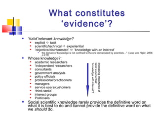 What constitutes
‘evidence’?
 ‘Valid’/relevant knowledge?
 explicit  tacit
 scientific/technical  experiential
 ‘objective/disinterested’  ‘knowledge with an interest’

the domain of knowledge is not confined to the one demarcated by scientists…” (Laws and Hajer, 2006,
p.416)
 Whose knowledge?:
 academic researchers
 ‘independent researchers
 consultants
 government analysts
 policy officials
 professional/practitioners
 managers
 service users/customers
 ‘think tanks’
 interest groups
 Politicians
 Social scientific knowledge rarely provides the definitive word on
what it is best to do and cannot provide the definitive word on what
we should do.
Increasingimportanceof
tacit/experiential/
‘knowledgewithinterest’?
 