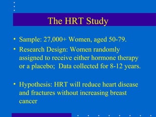 The HRT Study
• Sample: 27,000+ Women, aged 50-79.
• Research Design: Women randomly
  assigned to receive either hormone therapy
  or a placebo; Data collected for 8-12 years.

• Hypothesis: HRT will reduce heart disease
  and fractures without increasing breast
  cancer
 