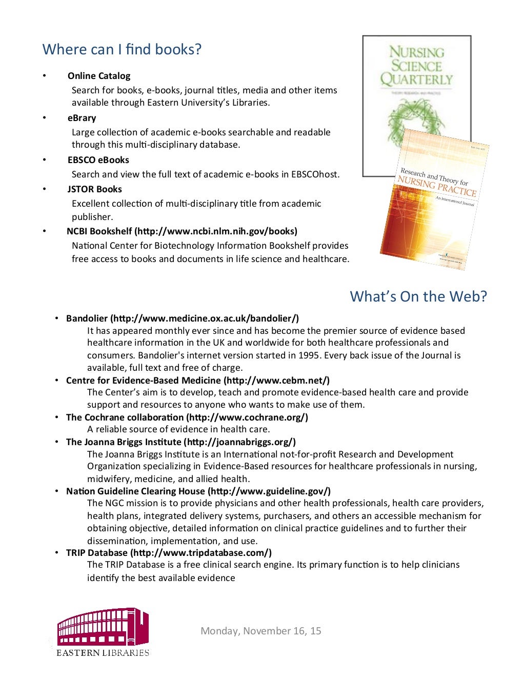 Evidencebased Nursing Resources Warner Memorial Library