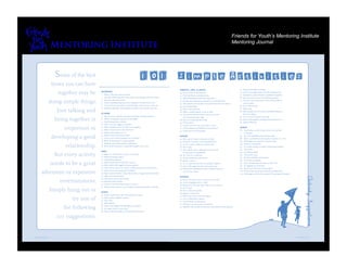 Friends for Youth’s Mentoring Institute
                                                                                                                                                                                                Mentoring Journal




                          Some of the best
                         times you can have
                                                                                                 101 Simple Activities
                                                                                                                             HOBBIES, ARTS, & CRAFTS                                               75. Attend a life-skills workshop.

                           together may be     ANYWHERE
                                               1.   Share a silly story from your past.
                                                                                                                             39. Paint or draw in this Journal.
                                                                                                                             40. Pick wild ﬂowers and press them.
                                                                                                                                                                                                   76. Find a fun neighborhood and take a walking tour.
                                                                                                                                                                                                   77. Experience a school theatrical production together.
                                               2. Describe something about your culture and heritage with one another.                                                                             78. Tour the control tower of a small local airport.
                                                                                                                             41. Make friendship bracelets for each other.

                        doing simple things.   3. Tell each other funny jokes.
                                               4. Share something important that is going on in each of your lives.
                                                                                                                             42. Design some stationery with paints or colored pencils.
                                                                                                                             43. Take pictures of each other and make frames for your photos.
                                                                                                                                                                                                   79. Visit your local community center, YWCA/YMCA,
                                                                                                                                                                                                       or teen center.
                                               5. Find out about each other’s favorite things—food, movies, music, etc.                                                                            80. Go to a ﬂea market.
                                                                                                                             44. Try woodworking.

                           Just talking and
                                               6. Read through these ideas together and plan your next few activities.                                                                             81. Walk a dog.
                                                                                                                             45. Start a rock collection.
                                                                                                                             46. Make a model airplane, or car, or ship.                           82. Take a guided tour of a local community college or
                                               AT HOME                                                                       47. Play a musical instrument or start a band with                        four-year college.
                                               7. Rent a movie or borrow one from the library and make popcorn.                                                                                    83. Go to a local art festival or parade.
                          being together is
                                                                                                                                 your friend and sing songs.
                                               8. Wash a car together and have a water ﬁght.                                                                                                       84. Take a class together (cooking, karate, pottery, etc.).
                                                                                                                             48. Draw on a sidewalk with chalk.
                                               9. Look through photo albums.                                                                                                                       85. Explore tidepools.
                                                                                                                             49. Tie-dye shirts.
                                               10. Grow your own veggies in a garden.
                                                                                                                             50. Learn to crochet, sew, cross-stitch, or knit.

                              important in     11. Make a playlist of your favorite music together.
                                               12. Watch a scary movie in the afternoon.
                                                                                                                             51. Collect stickers and add them to this journal.
                                                                                                                             52. Create your own Zen garden.
                                                                                                                                                                                                   SPORTS
                                                                                                                                                                                                   86. Play Frisbeem shoot hoops, or kick a soccer ball
                                               13. Work on the engine of a car.                                                                                                                         at the park.

                         developing a good     14. Watch a favorite television show.
                                               15. Learn a new creative program on a computer.
                                                                                                                             NATURE
                                                                                                                             53. Take a picnic lunch to the park or beach.
                                                                                                                                                                                                   87. Hit a few golf balls at the driving range.
                                                                                                                                                                                                   88. Watch a professional sports game in-person or on TV.
                                               16. Work on homework or a school project.                                                                                                           89. Lift weights, do aerobics, or practice yoga.
                                                                                                                             54. Volunteer to restore a local natural habitat.

                               relationship.
                                               17. Read the same book and then talk about it.                                                                                                      90. Jump on a trampoline.
                                                                                                                             55. Go on a walk or a hike on a nature trail.
                                               18. Write thank-you letters to important people in your lives.                                                                                      91. Try in-line skating or regular rollerskating together.
                                                                                                                             56. Race snails.
                                                                                                                             57. Plan a photo safari—take pictures of animals                      92. Play tennis.
                                               FOOD                                                                                                                                                93. Go skateboarding.
                          Not every activity
                                                                                                                                 in their natural environment.
                                               19. Make ice cream sundaes, cakes, or cupcakes.                                                                                                     94. Shoot some pool.
                                                                                                                             58. Fly a kite on a windy day.
                                               20. Bake homemade cookies.                                                                                                                          95. Attend a collegiate sports game.
                                                                                                                             59. Build a sandcastle at the beach.
                                               21. Cook dinner together.                                                                                                                           96. Go miniature golﬁng.
                                                                                                                             60. Watch a sunset.

                        needs to be a great    22. Roast marshmallows and make s’mores.
                                               23. Make a dish with veggies from your garden.
                                                                                                                             61. Go to a park and see who can swing the highest.
                                                                                                                             62. Gaze at the night sky and create a star map.
                                                                                                                                                                                                   97. Rent a tandem bike and ride on a Bay trail.
                                                                                                                                                                                                   98. Go jogging on a local trail.
                                               24. Plan a dinner where you choose a different country for each course.                                                                             99. Teach each other your favorite sport.
                                                                                                                             63. Plant native wildﬂowers in pots or planter boxes for

         adventure or expensive                25. Meet early in the morning for breakfast.
                                               26. Dip your favorite fruit in chocolate fondue or veggie in cheese fondue.
                                                                                                                                 each of your homes.                                               100. Find another mentor pair and learn double dutch.
                                                                                                                                                                                                   101. Challenge your friend to a game of Ping Pong or fooseball.
                                               27. Make a homemade pizza.
                                                                                                                             OUTINGS




                                                                                                                                                                                                                                                                               Activity Suggestions
                            entertainment.
                                               28. Talk about your favorite recipes.
                                                                                                                             64. Go to a free play, movie, or concert in the park.
                                               29. Barbecue shish kebobs.
                                                                                                                             65. Visit a shopping center or mall.
                                               30. Create a new kind of homemade ice cream.
                                                                                                                             66. Hang out by the water (pool, lake, river, or ocean).
                                               31. Make yummy treats for your Program Coordinator, family, or friends.

                        Simply hang out or
                                                                                                                             67. See a movie.
                                                                                                                             68. Go to a farmer’s market.
                                               GAMES                                                                         69. Explore a county fair.
                                               32. Learn a classic game, like Pick-up Sticks or Jacks.
                                                                                                                             70. Take a tour of your local ﬁre station.

                                 try one of    33. Make and put together a puzzle.
                                               34. Play cards.
                                                                                                                             71. Go to a bookstore or library.
                                                                                                                             72. Feed animals at a petting zoo.
                                               35. Blow bubbles.
                                                                                                                             73. Volunteer at a retirement community.

                              the following    36. Enjoy a board game like Monopoly or checkers.
                                               37. Do magic tricks for each other.
                                                                                                                             74. Together with another mentor pair, plan and do something fun.

                                               38. Play an interactive dance or movement video game.


                           101 suggestions.


6   mentoring journal                                                                                                                                                                                                                                                introduction      7
 