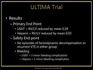 • Results
– Primary End Point
• USAT = RV/LV reduced by mean 0.29
• Heparin = RV/LV reduced by mean 0.03
– Safety End point
• No episodes of hemodynamic decompensation or
recurrent VTE in either group
• Bleeding
– USAT = 3 minor bleeding complications
– Heparin = 1 minor bleeding complication
Kennedy RJ. J Vasc Interv Radiol. 2013;24:841-848
 