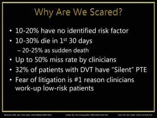 • 10-20% have no identified risk factor
• 10-30% die in 1st 30 days
– 20-25% as sudden death
• Up to 50% miss rate by clinicians
• 32% of patients with DVT have “Silent” PTE
• Fear of litigation is #1 reason clinicians
work-up low-risk patients
Beckman MG. Am J Prev Med. 2010;38(4S):S495-S501 Calder KK. Ann Emerg Med. 2005;45(3):302-310 Stein PD. Am J Med. 2010;123:426-431
 