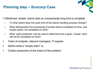 Planning step – Suncorp Case
 Oftentimes „simple‟ claims take an unexpectedly long time to complete
–

To what extent does the cycle time of the claims handling process diverge?

–

What distinguishes the processing of simple claims completed on-time, and
simple claims not completed on time?

–

What `early predictors‟ can be used to determine that a given `simple‟ claim
will not be completed on time?



Team of analysts, relevant managers, IT experts



Define what a “simple claim” is.



Create awareness of the extent of the problem

 