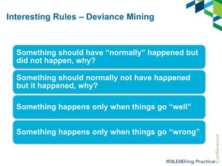 Interesting Rules – Deviance Mining

Something should have “normally” happened but
did not happen, why?
Something should normally not have happened
but it happened, why?
Something happens only when things go “well”
Something happens only when things go “wrong”

 
