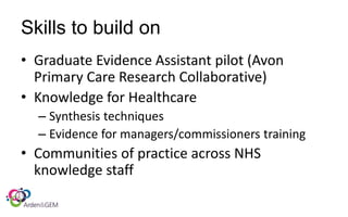 Skills to build on
• Graduate Evidence Assistant pilot (Avon
Primary Care Research Collaborative)
• Knowledge for Healthcare
– Synthesis techniques
– Evidence for managers/commissioners training
• Communities of practice across NHS
knowledge staff
 