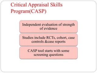 Critical Appraisal Skills
Program(CASP)
Independent evaluation of strength
of evidence
Studies include RCTs, cohort, case
controls &case reports
CASP tool starts with some
screening questions
 