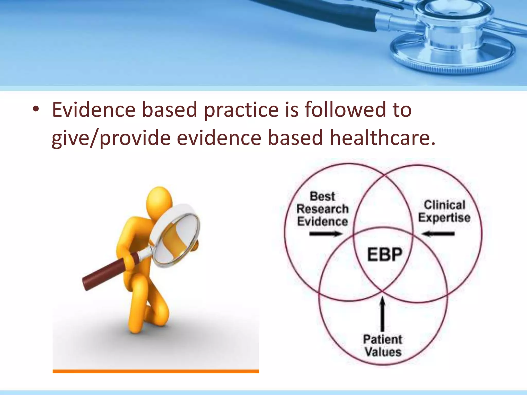 • Evidence based practice is followed to
  give/provide evidence based healthcare.
 