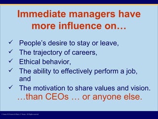 Immediate managers have more influence on… People’s desire to stay or leave, The trajectory of careers, Ethical behavior, The ability to effectively perform a job, and The motivation to share values and vision. © James M. Kouzes & Barry Z. Posner. All Rights reserved.  … than CEOs … or anyone else. 