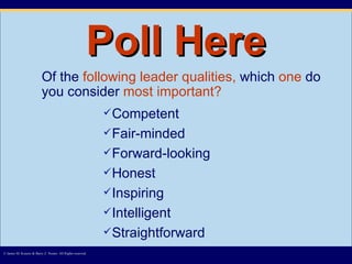 Poll Here Of the  following leader qualities,  which  one  do you consider  most important? © James M. Kouzes & Barry Z. Posner. All Rights reserved.  Competent Fair-minded  Forward-looking Honest Inspiring Intelligent Straightforward 
