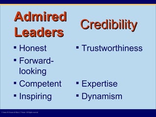 Admired Leaders Honest Forward-looking Competent Inspiring Trustworthiness Expertise Dynamism © James M. Kouzes & Barry Z. Posner. All Rights reserved.  Credibility 